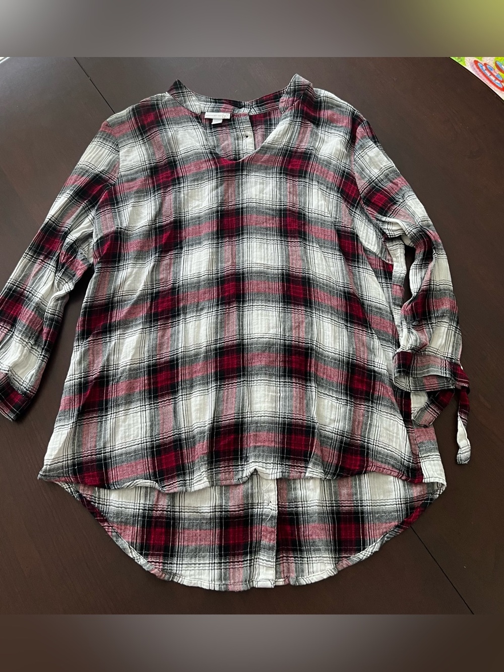 Westport 1962 Womens Red Black Plaid V-Neck Tunic Top Button Back Tie Cuff L
